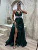 Vintage Long Satin V-Neck Prom Dresses With Slit Sheath Beaded Green Floor Length Pleats Formal Party Evening Dress Robes de Soiree for Women