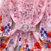 Grundläggande avslappnade klänningar 2024 En linjebanan Designer Cotton Linen Mini Dress Women Stand Lantern Sleeve Single Breasted Floral Print B DHE89