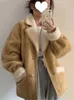 Womens Wool Blends Fashion Lamb Leather Jacket for Women Elegant Lapel Thicken Warm Overcoat Chic Suede Short Coat Lambskin Outwear 231021