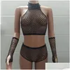 Women'S Tracksuits Womens Tracksuits Y Women Fishnet Set Shiny Solid Two Piece Halter Crop Top Shorts 2 Pieces Hollow Out Cloghet Appa Dhpfd