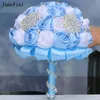 Fiori nuziali JaneVini Affascinanti bouquet da sposa in nastro bianco azzurro con bouquet di rose in raso artificiale con strass argento