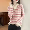 Damenpullover Koreanische Damenbekleidung Mode Bodenstreifen Frühling Herbst Langarm Lässige Allgleiches V-Ausschnitt Strickpullover Tops