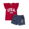 Ensembles de vêtements 4 juillet enfants filles tenues lettre étoiles rayures drapeau imprimé t-shirts à manches effilochées shorts en denim 2pcs ensemble de vêtements