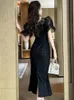 Basic Casual Women Dresses Summer New in Dresses Women Elegant Noble Black Dress Sheer Puff Sleeves Split Fishtail Robe Femme Prom Party Vestido Mujer 2024