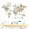 Wall Stickers Large World Map Wall Stickers Cartoon Animals Wildlife Watercolor Kids Vinyl Nursery Art Decals for Babys Girls Room Home Decor 231020