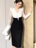 Basic Casual Dresses Fashion Elegant Sexy MIdi Dresses for Women Black White Spliced Sheer Lace Long Sleeve Slim Split Robe Female Party Office 2024