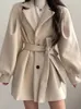 Womens Wool Blends Korean Thick Female Trench Warm Jackets Turndown Collar Long Puff Sleeve Clothes Autumn Elegant Belt Coat Women Chic Midi Top 231020