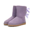 Сапоги 2023, дизайнерская замшевая зимняя обувь, женская женская обувь с бантом, зимние ботинки на щиколотке, роскошные меховые ботинки, розовый, белый, черный