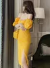 Basic Casual Women Dresses Summer Sweet Gentle Elegant Dress for Women Sexy Korean Satin Yellow Off Shoulder Split Robe Lady Party Runway Vestidos Fashion Show 2024