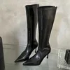 Elegant sexig spetsig skarvning Sying Knee-High Boot Womens Microfiber Thin Heels Chelsea Zipper Boots Party Club 230922