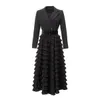 2023 Autumn Black Solid Color Belted Dress Long Sleeve Notched-Lapel Ruffled Long Maxi Casual Dresses S3O141011