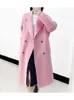 Womens Wool Blends Winter Korean Style Double Breasted Silk Rabbit Woolen Long Overcoat Women Handmade Loose Pink Gray Coat Jacket 231020