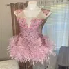 Abito da sera di lusso con diamanti rosa 2024 Piume scintillanti Aso Ebi Abito da ballo Latino Nero Donna Abito da compleanno formale Abito da ballo Splendido ritorno a casa Lauree