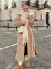 Womens Wool Blends TRAF Black Coat Woman Winter Elegant Faux Sheepskin Long Women Belt Sleeve Jackets In Outerwears 231021