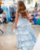 Ruffle Light-Blue Girl Pageant Dress 2024 Slit Layer Sequin Lace Little Kid Aniversário Formal Cocktail Party Vestido Infantil Criança Adolescentes Pré-adolescente Tiny Young Junior Miss