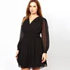 Robes de grande taille à manches longues lanterne en mousseline de soie robe de soirée femmes Sexy col en v printemps longueur au genou noir élégant mode a-ligne Wrap