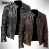 Hommes en cuir simili cuir hommes mode veste en cuir coupe ajustée col montant veste en polyuréthane mâle Anti-vent moto revers diagonale fermeture éclair vestes hommes 5XL 231020