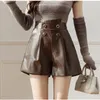 Women's Shorts Black Faux Leather A-Line Women With Belt High Waist Loose Pocket Wide Leg PU Casual Pants 2023