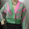 Pulls pour femmes Femmes Color Block Green Crop Cardigan High Street Manches longues Top en tricot Automne Hiver en Coréenne Dongdaemun Mode 231021