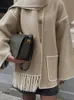 Женское полушерстяное пальто с шарфом, модные свободные смешанные пальто с длинными рукавами и вышивкой, утепленные теплые куртки с кисточками, женская зима 2023 231020