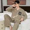 Mäns Sleepwear 2 -stycken Set Cotton Home Clothes Autumn Spring Man Nightwear Cardigan Pijamas Plus Size 3XL Loungewear Freeship