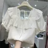 Bluzki damskie Hikigawa Summer Chic Fashion Bluzka Square Kołnierz Vintage Solid Elegancka koszulka Dopasuj Bandage Casual Blusas Mujer de Moda