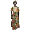 Etniska kläder Dashiki klänningar för kvinnor skräddare gjorde korta ärmar ankel längd casual bomullsklänning med huvud halsduk tryck kläder
