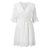 Casual Dresses Women Chic Embroidery Hollow Out Party Dress Sexy Lace Button Tie Cutout Long Sleeve V Neck Ruffles Shirt