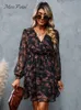 Urban Sexy Dresses MISS PETAL Black Floral Chiffon A-Line Mini Dress Woman Sexy V-neck Long Sleeve Party Dress Spring Autumn Female Sundress 231021