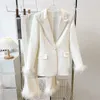 Men's Suits Luxury Spring Women Fur Design Street Feathers White Wear Two Pieces Suit Blazer Pants Sets Top Quality