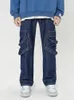 Calças de brim masculinas retro azul carga larga para homens moda zíper bolsos streamer streetwear casual perna denim macacão hip hop