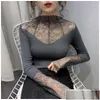 Kadın Sweaters Kadın Seksi Dantel Dikiş Sökü Gömlek 2022 Bahar Yarım Belktlanklı Kadın Uzun Süreli Render Linehed Slim Elegant Dhbqu