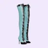 Lady lederen laarsjes 2024 Martin Stiletto High Heel Long Boot Mix Color Boots Women Thigh Booties Pillage Tenen Cross-Tied trouwschoenen Zipper Vatper