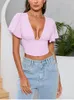 Camisetas de mujer Asia gasa sólido manga corta Top para mujer Sexy corte bajo deshuesado Slim Fit Crop Tops verano moda fiesta Club trajes