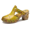 Sandales Printemps Et Été À La Main Floral Jaune Chunky Talon Haute Femmes Pantoufles