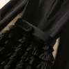 Automne noir couleur unie robe ceinturée à manches longues revers cranté à volants longue Maxi robes décontractées S3O141011