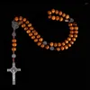 Pendant Necklaces Christian 10MM Wood Beads Rosary Cross Necklace For Women Virgin Mary INRI Long Chain Men Religion Jewelry