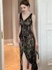 Basic Casual Women Dresses Elegant Sexy Midi Dress for Women Black Lace Sheer Pearl Swallowtail Long Robe Femme Banquet Party Vestidos Mujer Runway Gown 2024