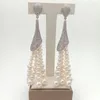 Dangle Earrings 3.7'' White Round Freshwater Pearl Tassel Gold Color Plated Cubic Zirconia Pave Flower Stud Cute Style For Women