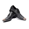 Sapatos de vestido homens couro genuíno metal quadrado aço toe oxfords casamento preto padrão de crocodilo lace up formal