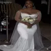 Extravagante vestido de novia de sirena africana con tren desmontable 2024 Manga larga con cuentas 2 en 1 Iglesia Vestidos de novia civil Corte de lujo Satén Baddie Vestidos de novia