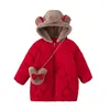 Пуховое пальто, одежда для девочек, куртки с капюшоном для девочек, детские модные теплые пальто, утепленная верхняя одежда, милая детская сумка с мультяшным рисунком, TZ982