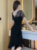 Basic Casual Women Dresses Summer Elegant Sexy Dress Women Black Sheer See Through Lace Short Sleeve Backless Asymmetrical Ruffles Midi Robe Party Vestidos 2024