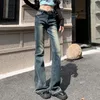 Kadınlar kot pantolon, düşük bel nakış sonbahar denim Amerikan retro yüksek fitting kontrast alevli pantolon