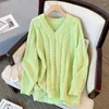 Kadın Sweaters 2023 Kış Moda Pullover Giysileri Kazak Kadınlar İçin Gevşek Knited Yeşil Uzun Kollu V yaka üstler 23885