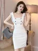 Basic Casual Women Dresses Summer Sweet Elegant Mini Dress Women White Cute Double Breasted Wrap Hip Short Gown Femme Party Club High Street Vestidos Mujer 2024