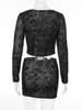 Robes de travail décontractées Vintage noir imprimé deux pièces tenue pour femmes 2023 automne col rond T-shirt à manches longues et paquet jupes de hanche costume