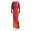 Freizeitkleider YUZHEXI Faszinierter Digitaldruck Buntes Langarm-Maxikleid Herbst-Winter-Kleidung Damen Streetwear Orange Gelb