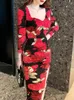Basis Casual Women Jurkenes Elegant Red Floral Sexy bodycon jurk dames lange mouw vouwen hoge gesplitste vestidos banket feestclub maxi robe femme 2024
