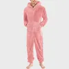 Calças masculinas sleepwear outono inverno lambwool pijamas bodysuits homens quentes de lã sólida zíper uma peça casual manga comprida macacão com capuz